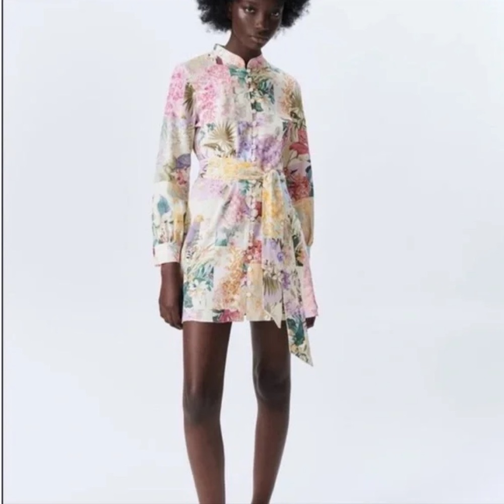 ZARA Floral Long Sleeve Shirt Dress